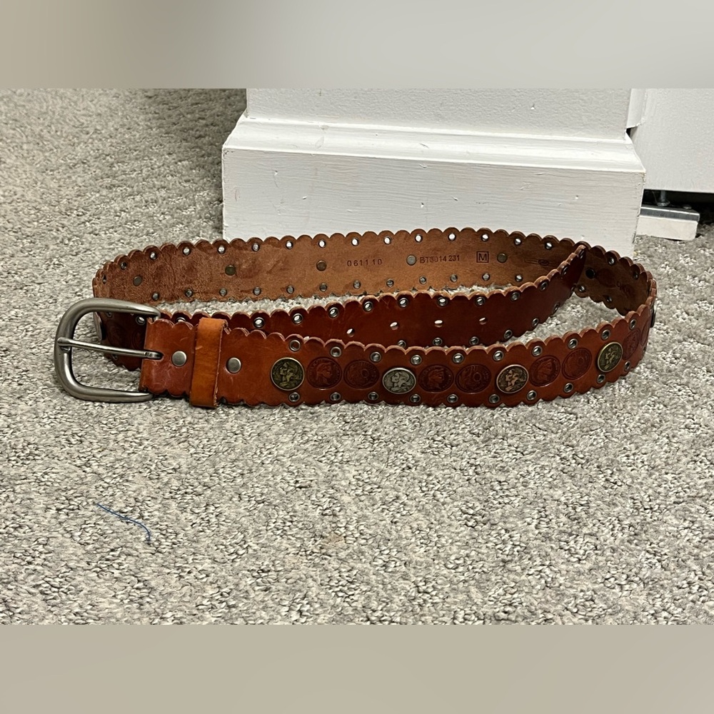 Fossil Belt Brown Leather Stamped W/coins Medium Bohocore EUC